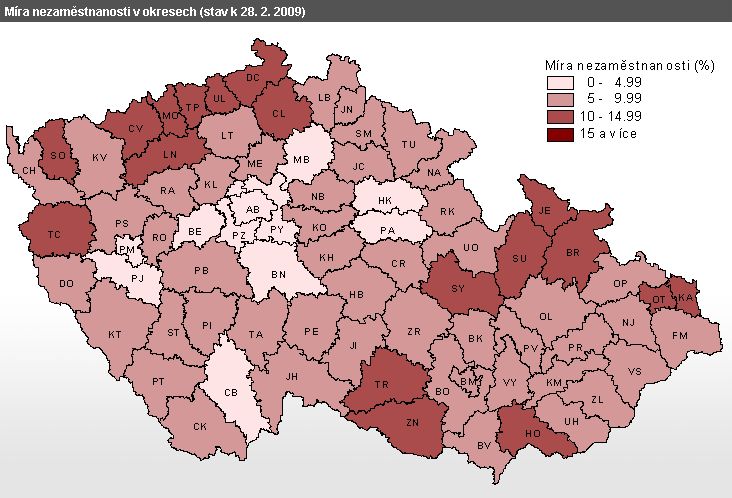 mapa - Míra nezaměstnanosti v okresech (stav k 28. 2. 2009)