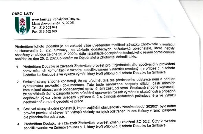 Dodatek smlouvy, kterým obec Lány poslala stíhané firmě o zhruba 6 milionů korun více, než s jakou cenou původně zakázku získala.