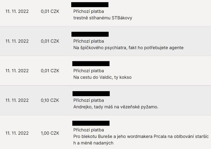 Výběr vzkazů dárců na transparentním účtu Andreje Babiše.