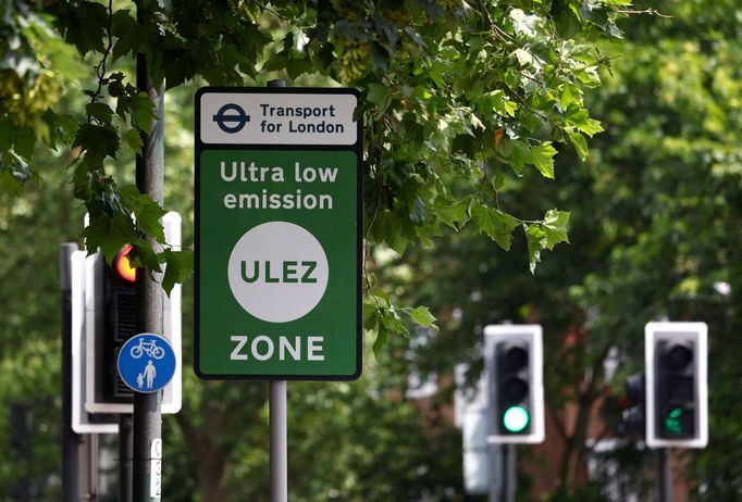 FILE PHOTO: Signage indicates the boundary of London's Ultra Low Emissions Zone (ULEZ) zone beside the South Circular Road ahead of proposed upcoming expansion, in London