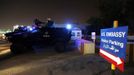 Bahrain's riot police armoured personnel carriers guard the U.S. embassy in Manama September 13, 2012. Protesters tried to march on the U.S. embassy in Manama on Thursday to protest against a U.S. film that is said to insult the Prophet Mohammad, but heavy security presence prevented them from reaching the embassy