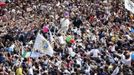 Pope Francis waves at the end of a canonization mass in Saint Peter's Square at the Vatican May 12, 2013. The Pope led a mass on Sunday for candidates for sainthood Antonio Primaldo, Mother Laura Montoya and Maria Guadalupe Garcia Zavala.