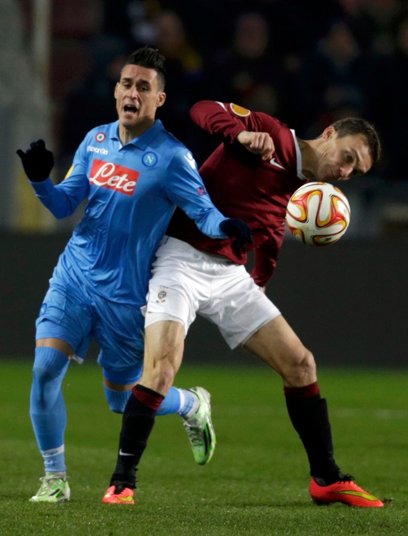 Sparta Praha's Lafata fights for the ball with Napoli's Callejon during their Europa League soccer match at Stadion Letna in Prague
