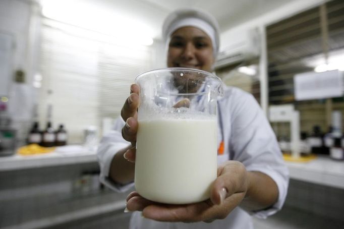 Laboratory worker Yadelsy Araque holds a beaker of milk in a milk gathering plant in Socopo, in the western state of Barinas April 23, 2008. Venezuelan President Hugo Chavez's government bought Los Andes, one of the country's largest milk companies, last month in an effort to aid the oil-producing nation during the food crisis, officials said. Picture taken April 23, 2008. REUTERS/Jorge Silva (VENEZUELA)