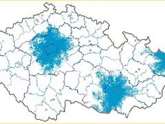Mapa pokrytí signálem multiplexu A pozemního digitálního vysílání k 9. únoru 2006. Oblasti označené souvislejší modrou barvou jsou signálem pokryté více.