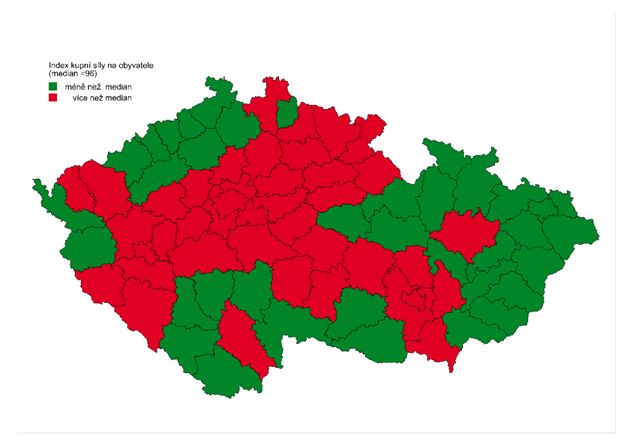Index kupní síly na obyvatele v okresech ČR (median = 96)