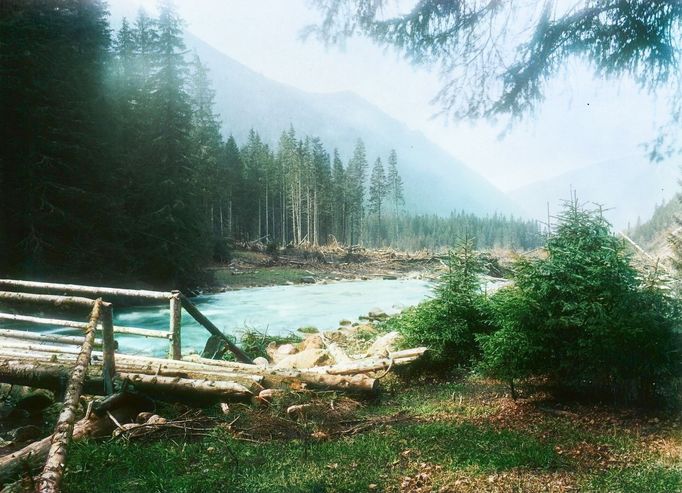 Tichý potok, Vysoké Tatry, 1913. Kolorovaný archivní snímek z tatranského pohoří na Slovensku.