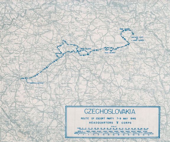Trasa americké mise z Plzně přes Prahu do Velichovek a zpátky. Jak je zřejmé, při návratu už se kolona Praze vyhnula.