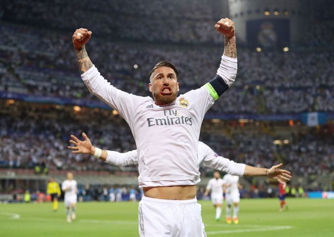 Sergio Ramos celebrates scoring the first goal for Real Madrid