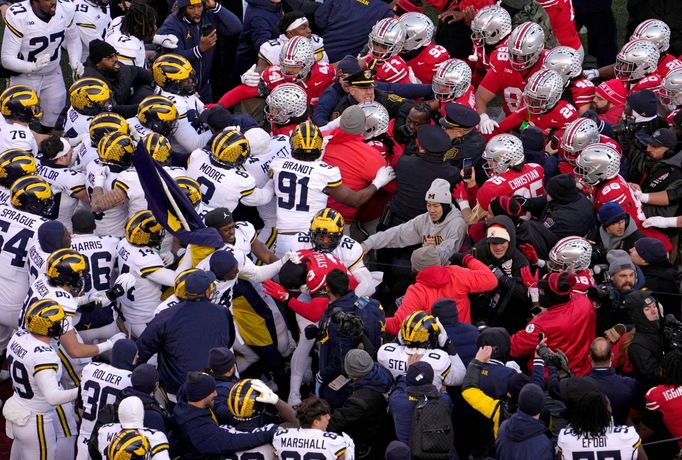 Nov 30, 2024; Columbus, Ohio, USA; Michigan Wolverines and Ohio State Buckeyes fight following the NCAA football game at Ohio Stadium in Columbus on Saturday, Nov. 30, 20