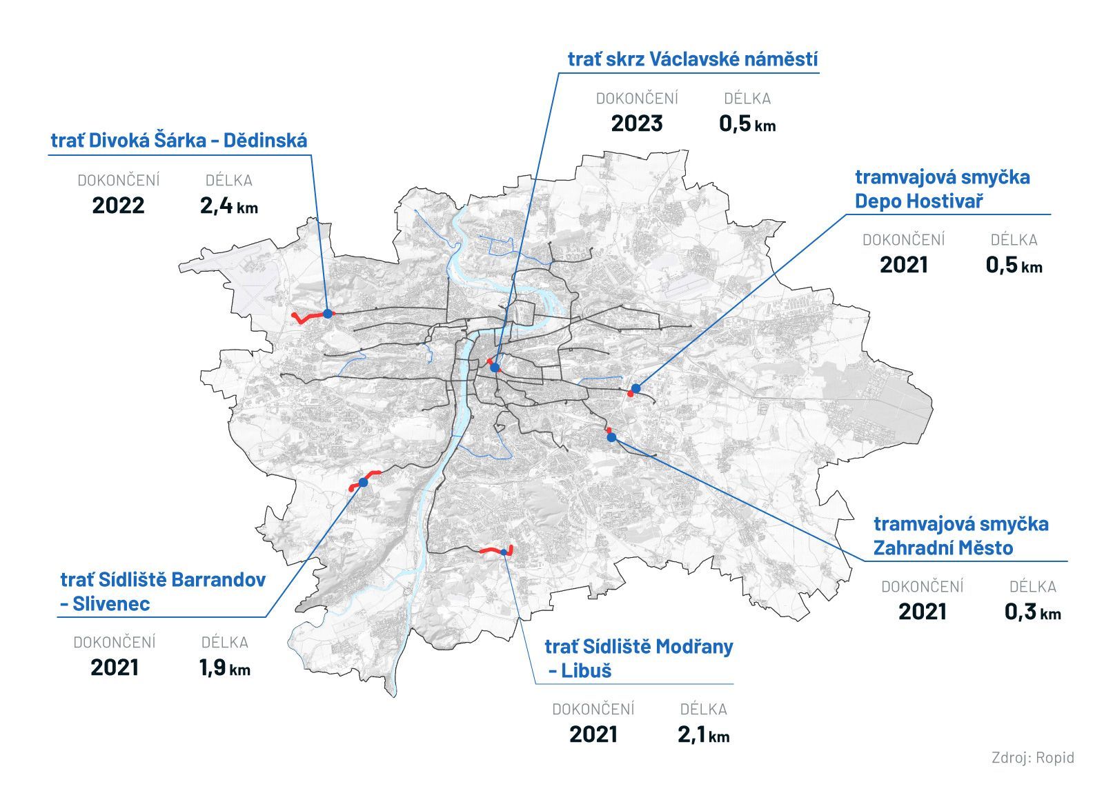 Mapa připravovaných tramvajových tratí do roku 2023