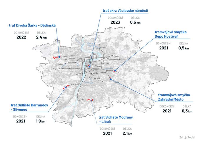 Mapa připravovaných tramvajových tratí do roku 2023.