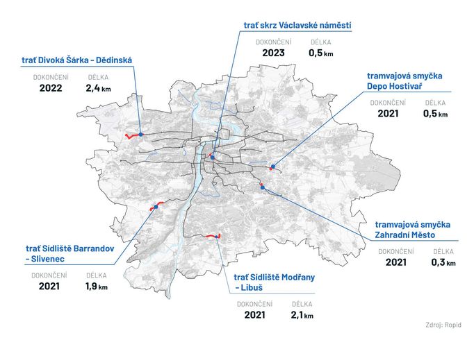 Mapa připravovaných tramvajových tratí do roku 2023.