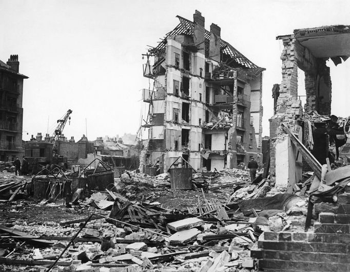 Damage Caused by V2 Rocket Attacks in Britain, 1945 Ruined flats in Limehouse, East London. Hughes Mansions, Vallance Road, following the explosion of the last German V2