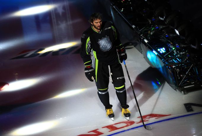 Jan 25, 2015; Columbus, OH, USA; Team Foligno forward Alex Ovechkin (8) of the Washington Capitals is introduced before the 2015 NHL All Star Game at Nationwide Arena. Ma