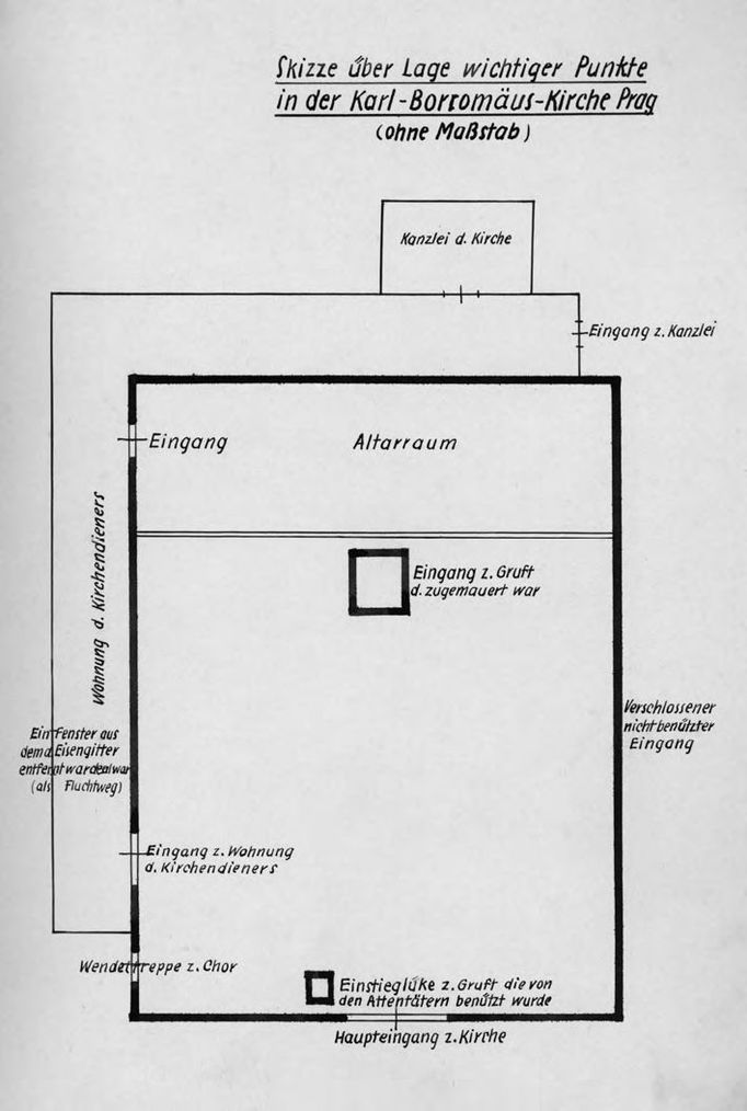 Další z náčrtů důležitých bodů v kostele sv. Karla Boromejského v Praze, pomocí kterého němečtí kriminalisté rozpracovali objekt zmiňovaného kostela.