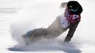 Finland's Peetu Piiroinen arrives on the finish line during the men's snowboard slopestyle final at the 2014 Sochi Olympic Games in Rosa Khutor February 8, 2014. REUTERS/