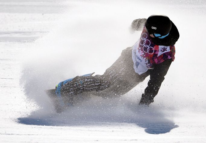 Finland's Peetu Piiroinen arrives on the finish line during the men's snowboard slopestyle final at the 2014 Sochi Olympic Games in Rosa Khutor February 8, 2014. REUTERS/