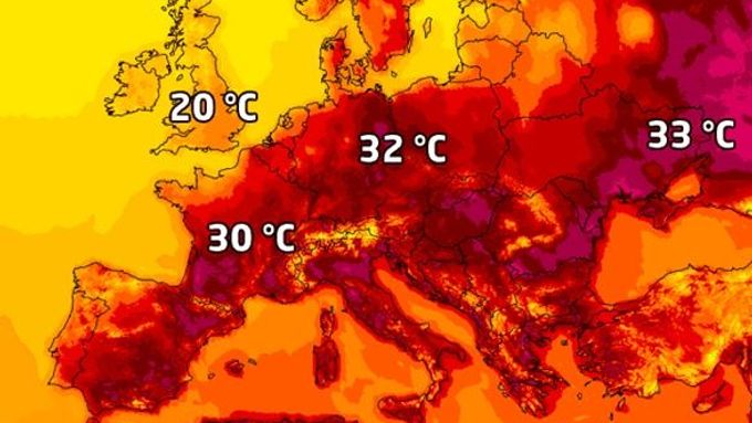 Nejvyšší denní teploty v Evropě v neděli odpoledne.