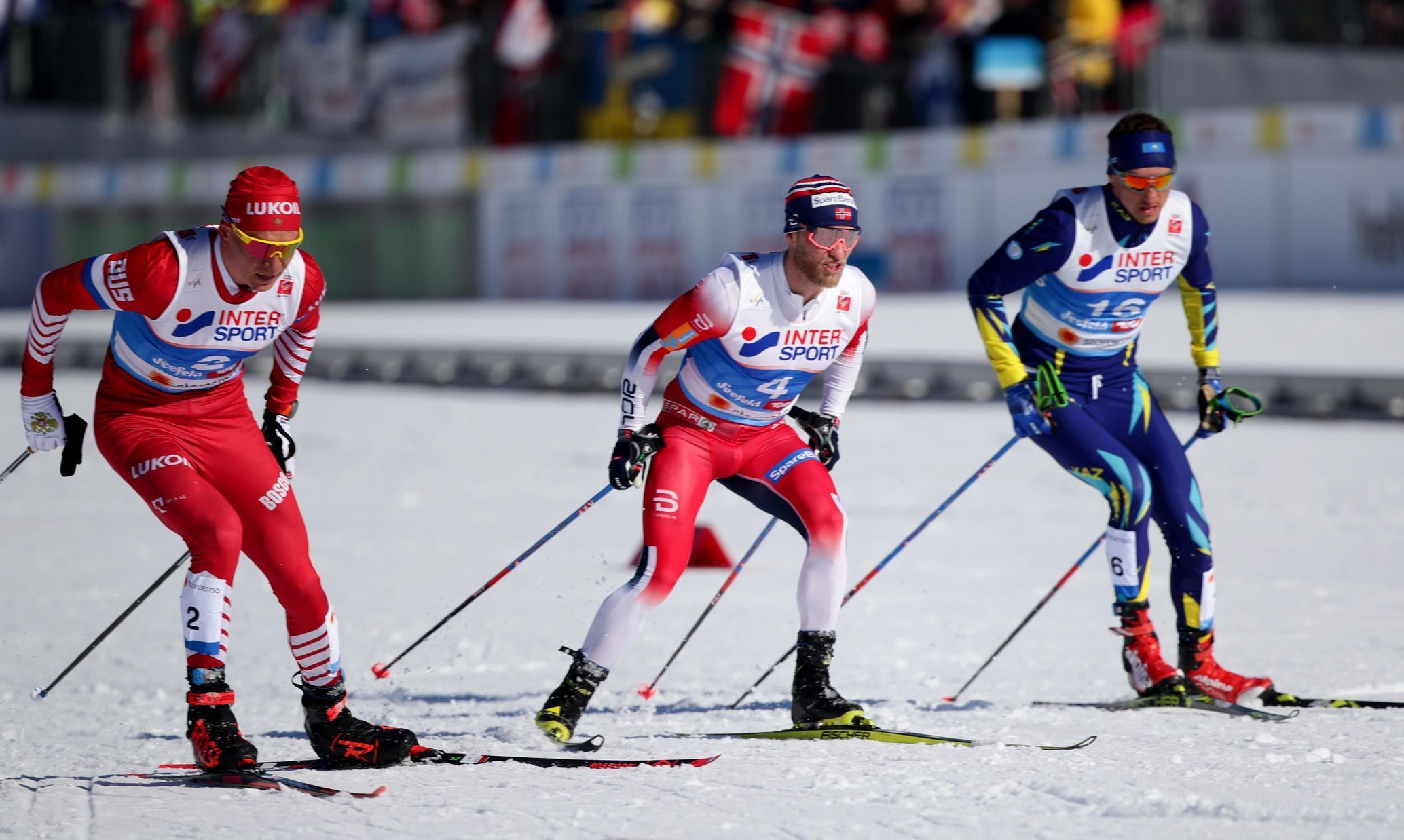 Alexander Bolšunov, Martin Johnsrud Sundby a Alexej Poltoranin na MS 2019