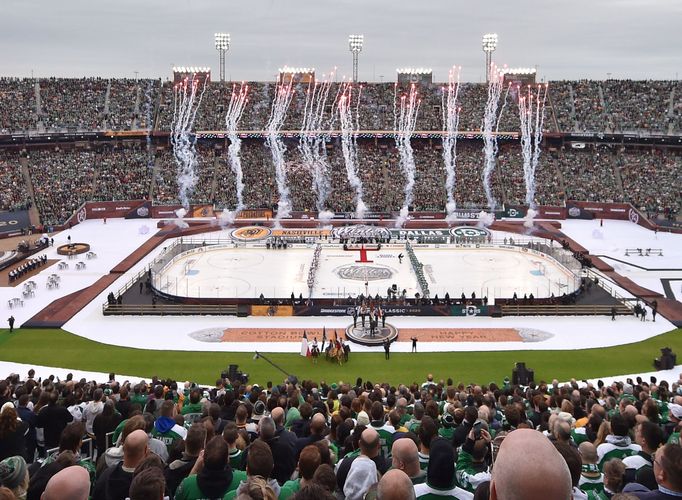 Jan 1, 2020; Dallas, TX, USA; General view during the playing of the national anthem before the 2020 Winter Classic hockey game between the Dallas Stars and the Nashville