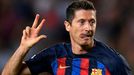 Robert Lewandowski slaví gól v zápase LM Barcelona - Viktoria Plzeň