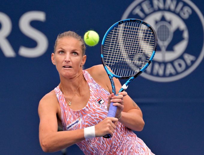 Aug 7, 2023; Montreal, Quebec, Canada; Karolina Pliskova (CZE) serves against Lin Zhu (CHN) in first round play at IGA Stadium. Mandatory Credit: Eric Bolte-USA TODAY Spo