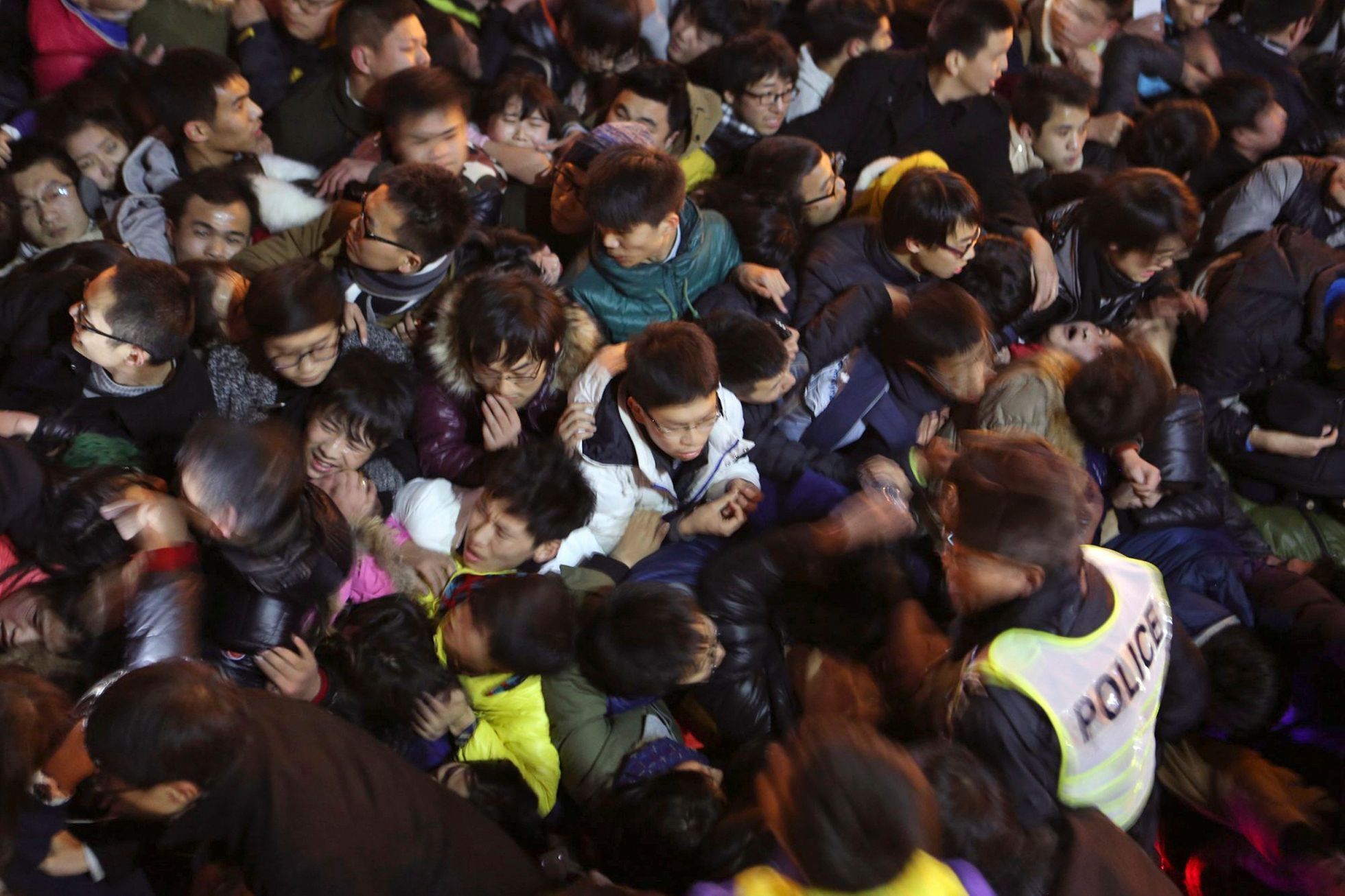 A view of a stampede is seen during the New Year's celebration on the Bund, a waterfront area in central Shanghai