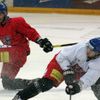 Česká hokejová reprezentace na tréninku před odletem na MS ve Švédsku a Finsku (David Krejčí, Michael Frolík)