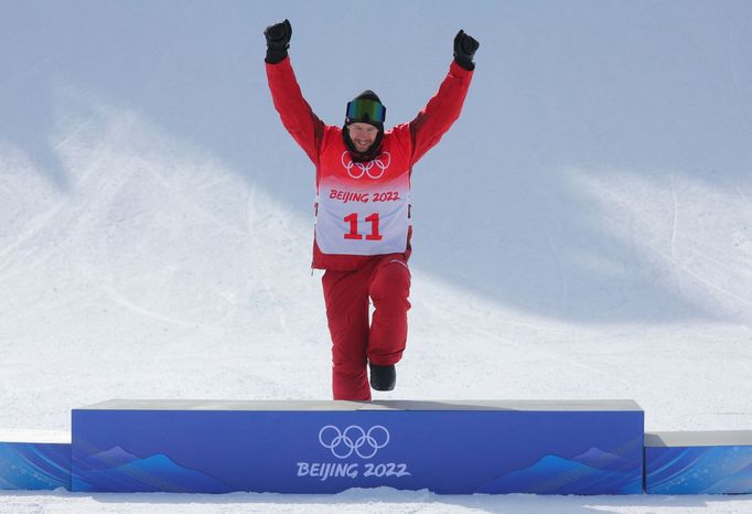 2022 Beijing Olympics - Snowboard - Men's SBD Slopestyle Final Run 1 - Genting Snow Park, Zhangjiakou, China - February 7, 2022. Max Parrot of Canada celebrates as he ste