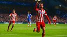 Atletico's Adrian Lopez celebrates after he scored a goal against Chelsea during their Champions League semi-final second leg soccer match at Stamford Bridge in London, A