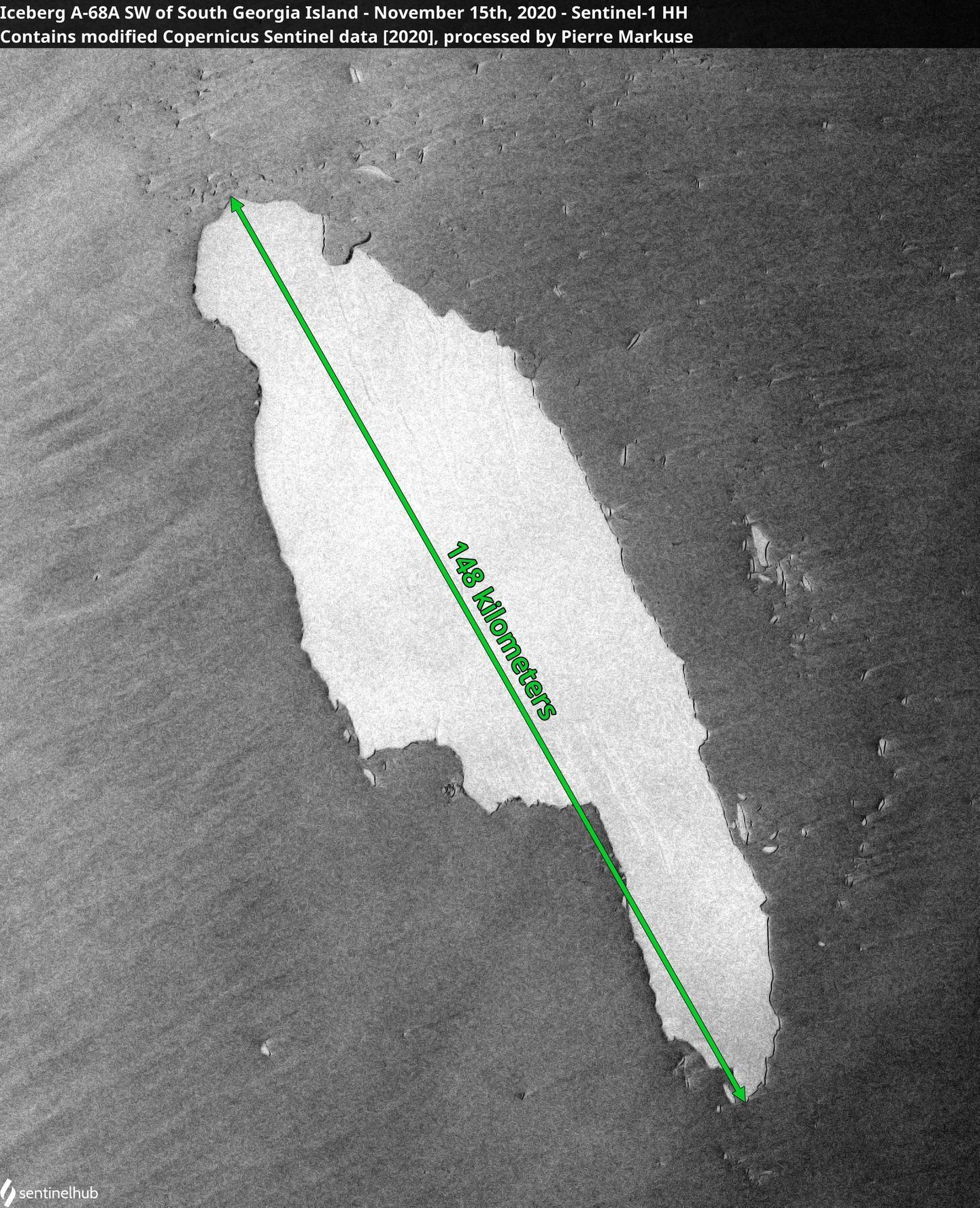 Pohyb ledovce A-68A zachycený družicí Sentinel-1.