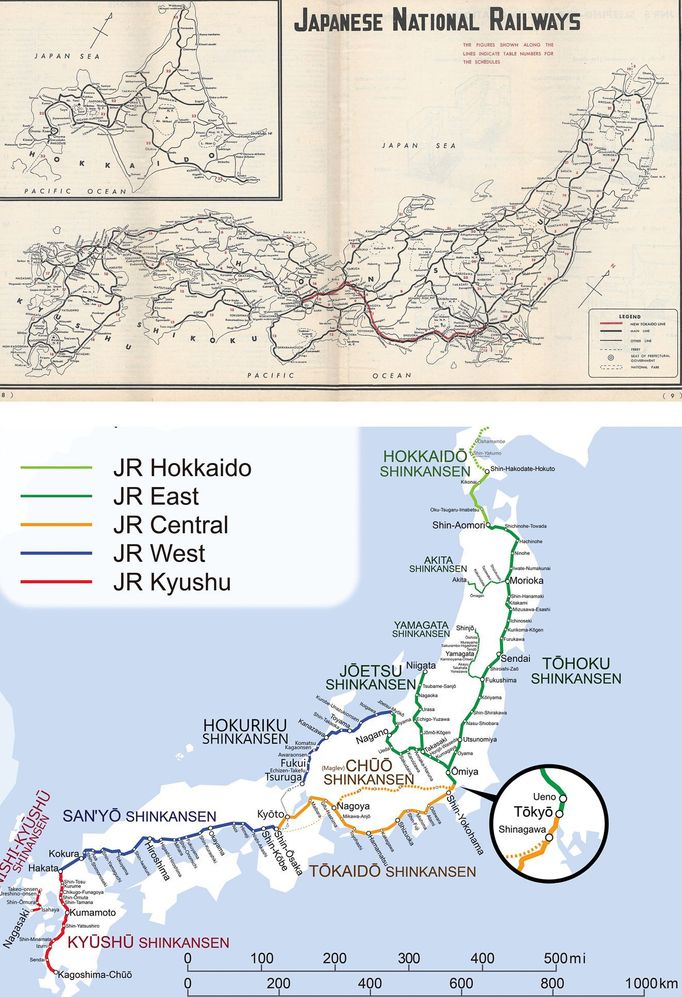 Nahoře: Mapa Japonských národních železnic z října 1964 ukazuje novou linku Tokaido Shinkansen (červeně) a konvenční tratě v Japonsku.