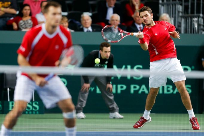 Davis Cup, Švýcarsko - Česko: Marco Chiudinelli a Stanislas Wawrinka (vpravo)