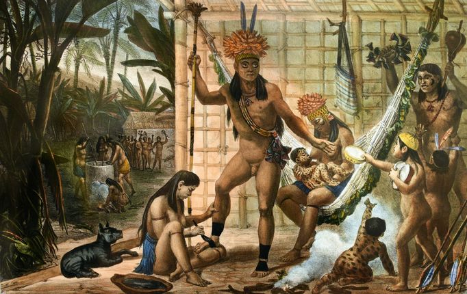 Rodina jihoamerických indiánů, jejichž náčelník se připravuje k oslavě – za ním žena kojí nemluvně (Jean Baptiste Debret, kolem roku 1820/ Itaú Cultural – São Paulo)