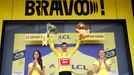 Cycling - Tour de France - The 230-km Stage 7 from Belfort to Chalon-sur-Saone - July 12, 2019 - Trek-Segafredo rider Giulio Ciccone of Italy celebrates on the podium, we