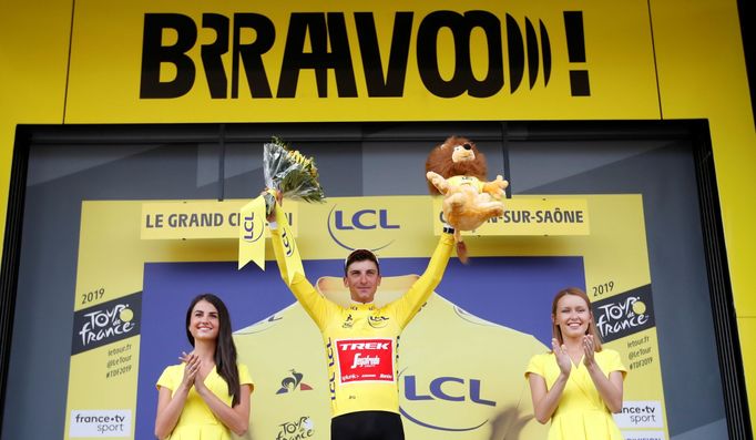 Cycling - Tour de France - The 230-km Stage 7 from Belfort to Chalon-sur-Saone - July 12, 2019 - Trek-Segafredo rider Giulio Ciccone of Italy celebrates on the podium, we