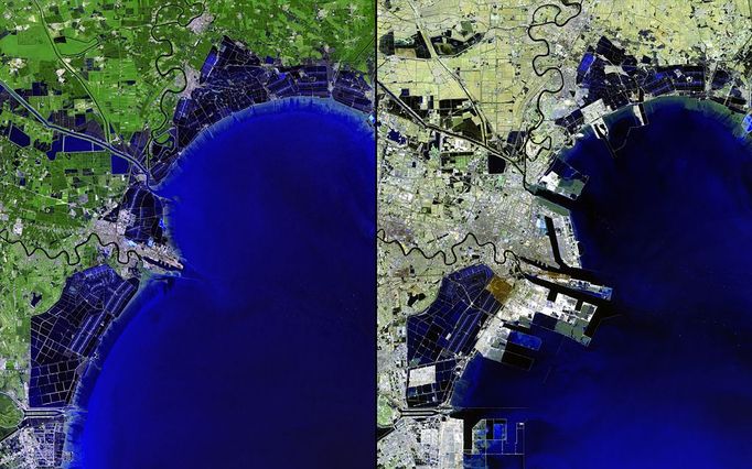 http://climate.nasa.gov/state_of_flux#Urbangrowth_China.jpg Binhai New Area, China The Binhai New Area &#8212; once home to salt farms, reed marshes and wasteland &#8212;