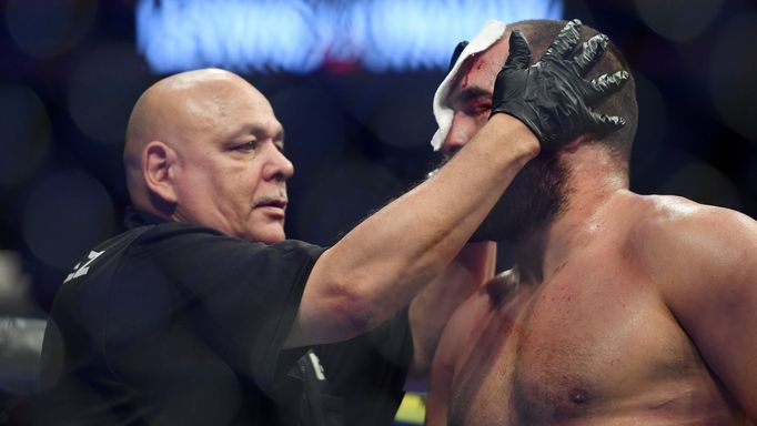 Nov 2, 2019; New York, NY, USA; Blagoy Ivanov (blue gloves) gets treatment during his fight against Derrick Lewis (red gloves) during UFC 244 at Madison Square Garden. Ma