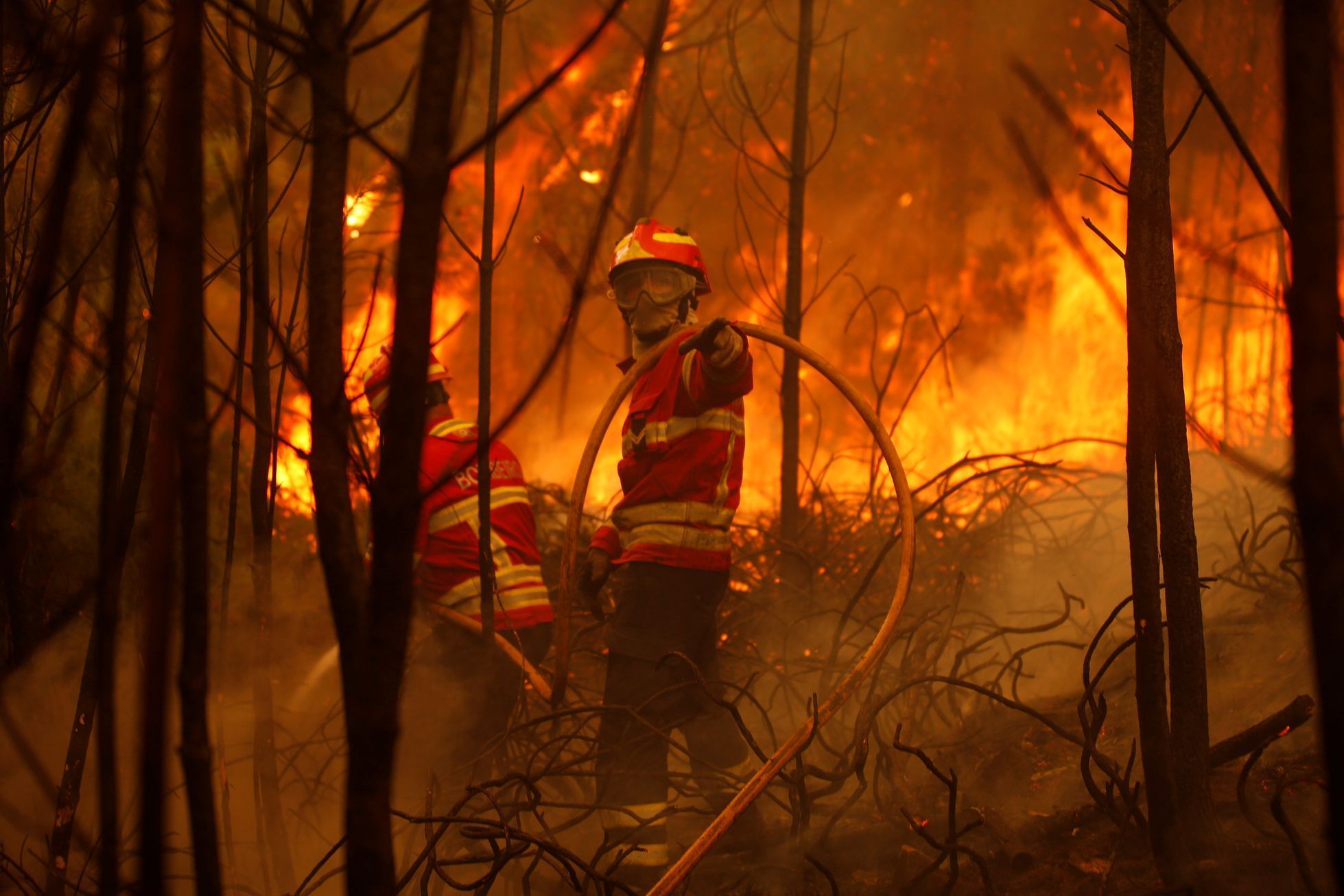 Hasiči bojují s lesním požárem poblíž portugalské Macieiry