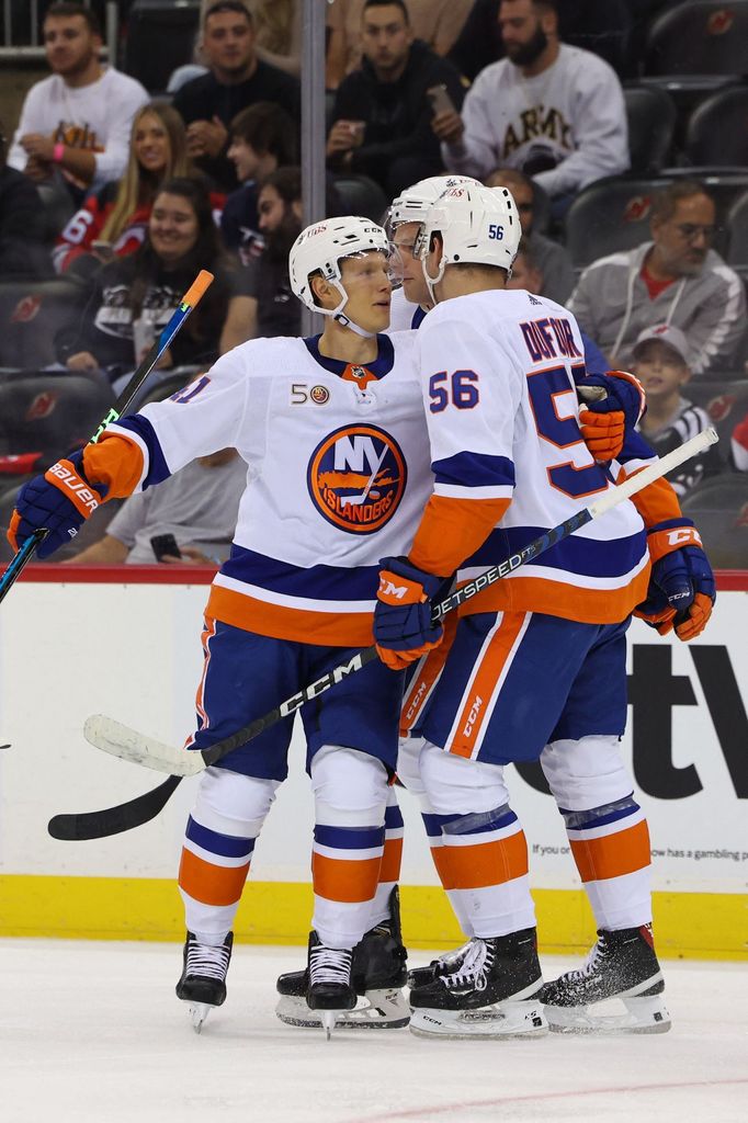 Sep 27, 2022; Newark, New Jersey, USA; New York Islanders right wing Nikita Soshnikov (41) celebrates his goal against the New Jersey Devils during the first period at Pr