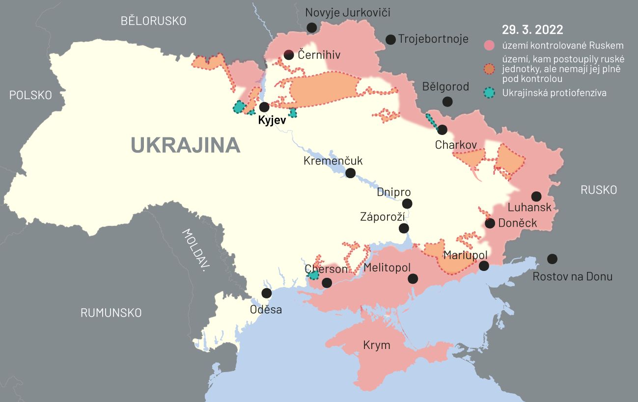29. březen 2022: Mapa bojů na Ukrajině