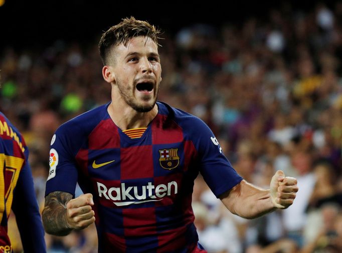 Soccer Football - La Liga Santander - FC Barcelona v Real Betis - Camp Nou, Barcelona, Spain - August 25, 2019   Barcelona's Carles Perez celebrates scoring their third g