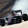 Tyres smoke as Manor Racing Formula One driver Haryanto of Indonesia takes a curve with his car during the third testing session ahead of the upcoming season at the Circuit Barcelona-Catalunya in Mont