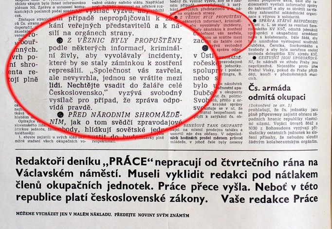 Práce, čtvrtek 23. srpna 1968. Jak popisuje text na spodním okraji stránky, novináři byli nuceni pracovat mimo své redakce a noviny se tiskly, kde to jen šlo.