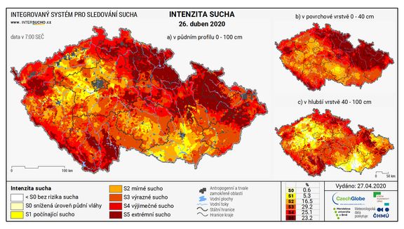Mapa intenzity sucha v dubnu 2020 od týmu vědců z projektu InterSucho
