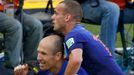 Arjen Robben and Wesley Sneijder of the Netherlands celebrate after scoring against Australia during their 2014 World Cup Group B soccer match at the Beira Rio stadium in