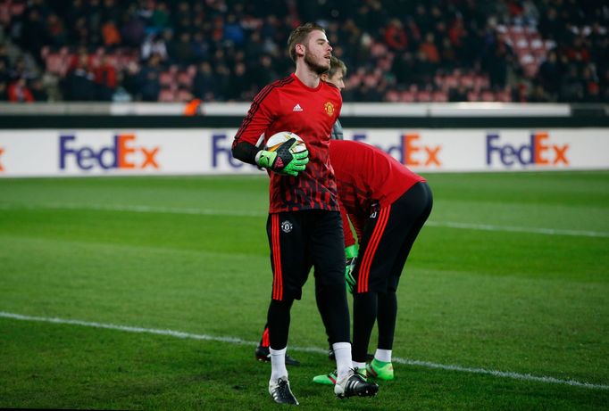 Manchester United's David De Gea after sustaining an injury during the warm up before the match