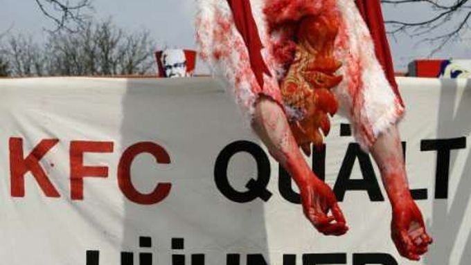 Demonstranti v Mnichově před občerstvením KFC upozorňují, že podle nich fastfoodový řetězec zabíjí kuřata nešetrným způsobem.