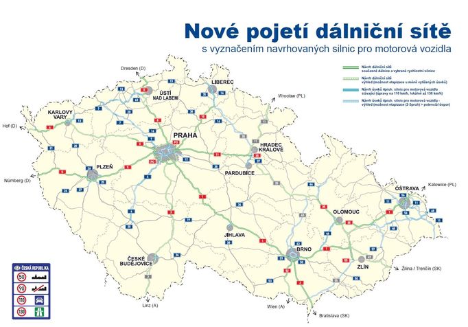 Nové pojetí dálniční sítě - návrh ministerstva dopravy (klikněte pro zvětšení mapy).